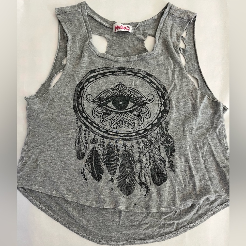 Madrag Crop Tank Top Shredded Back Lotus Flower Eye Dream Catcher Graphic M